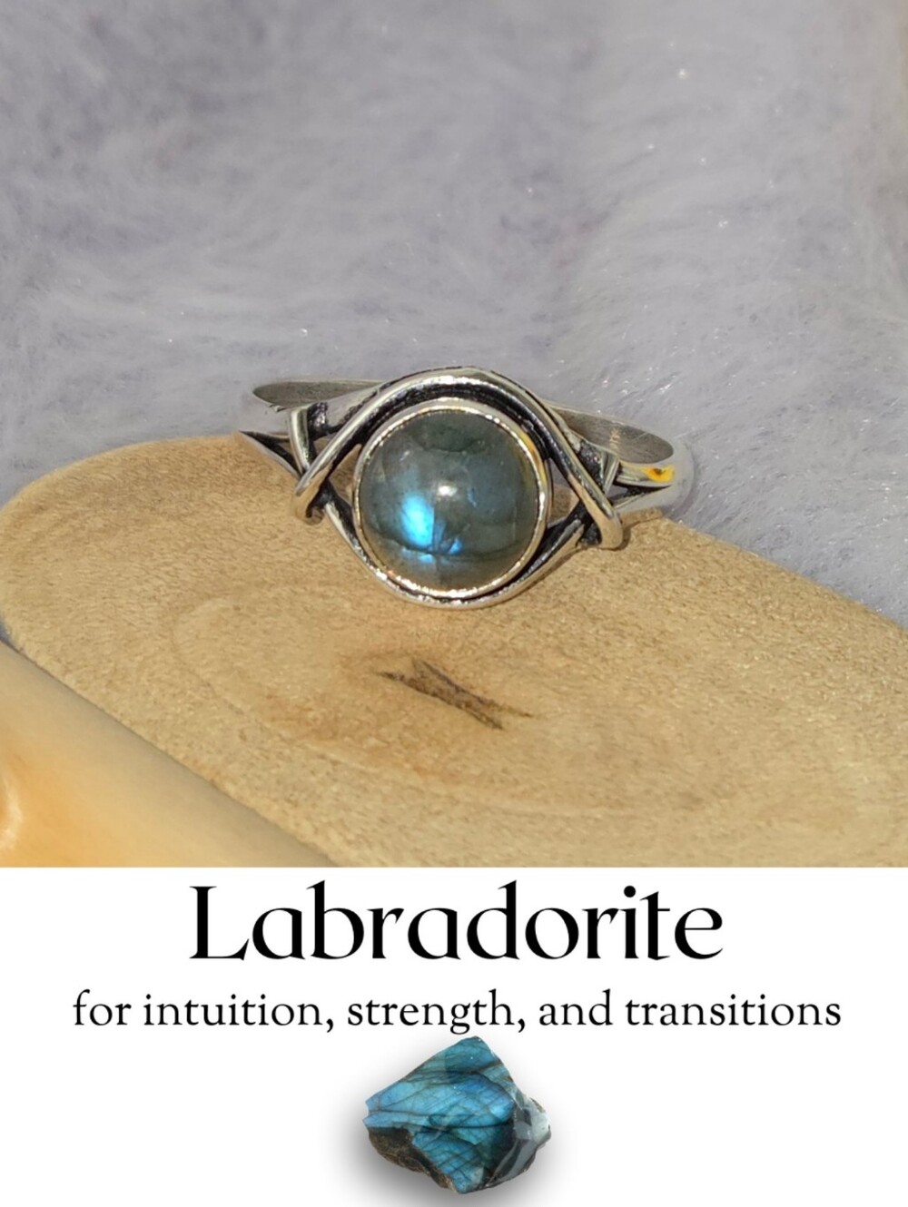 Tiny Labradorite Gemstone Unique Handmade Halo Ring Boho Engagement - Picture 5 of 7